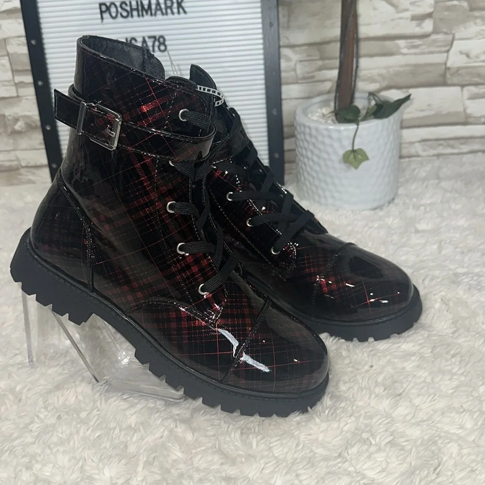 Jessica Simpson Daria Moto Boot with Buckle in Black Plaid